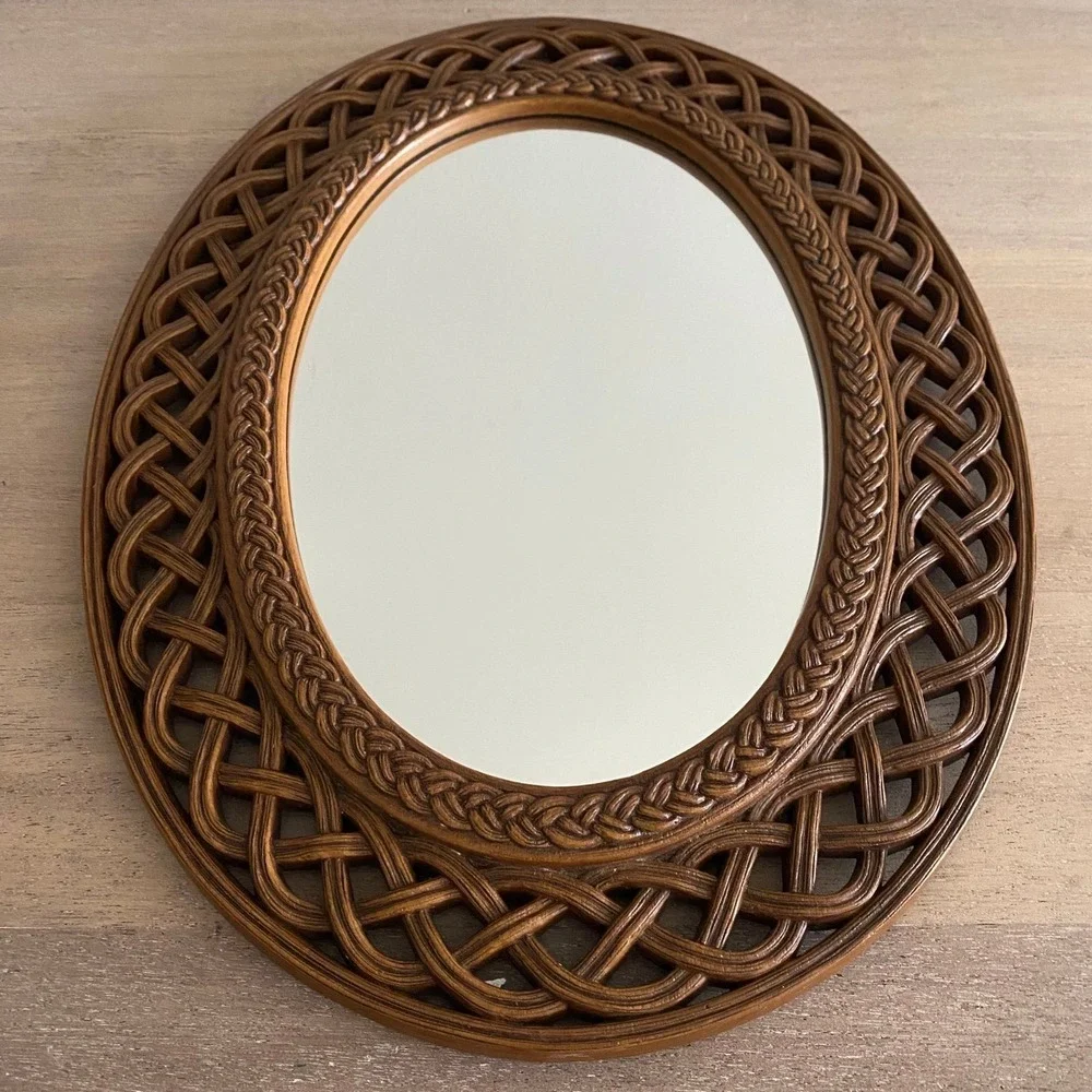 Vintage Homco Dart Burwood Faux Wood Rattan MCM Oval Mirror